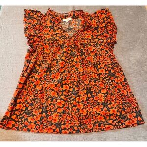 Entro‎ Orange Floral Flutter Sleeve V Neck Blouse Women's Size M
